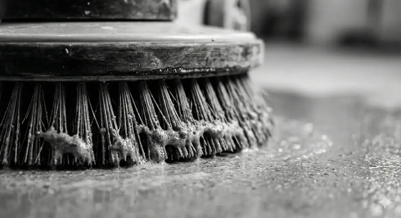 Cepillo de limpieza de máquina industrial de limpieza sobre suelo de hormigón