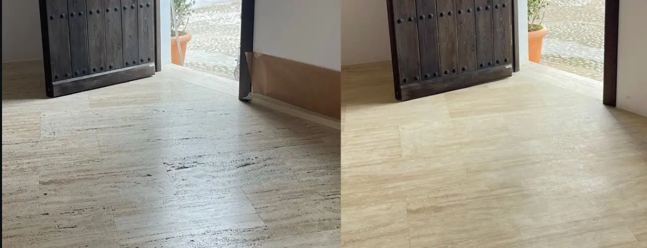Restored travertine marble floor with matte finish in a property in Altea's old town